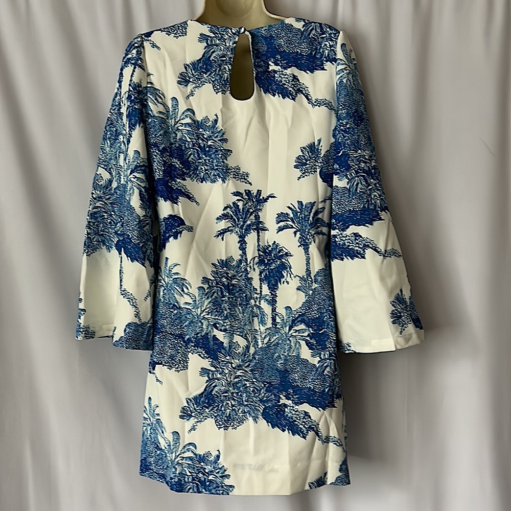 Mestiza NWT Gorgeous Cream/Blue Palm Tree 3/4 Bell Sleeve Mini Dress **Size XS** - Picture 2 of 6